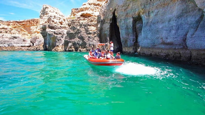 Benagil Caves Full Circuit Happy Hour - Santa Catarina Fort and Ferragudo Castle from the water