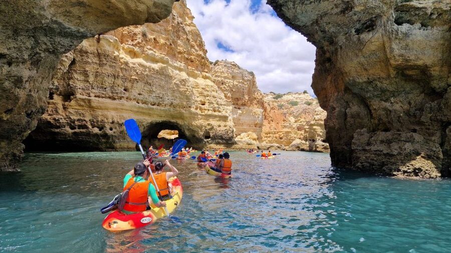 Benagil: Sunrise kayak tour Benagil caves and secret spots - Getting comfortable in the kayak