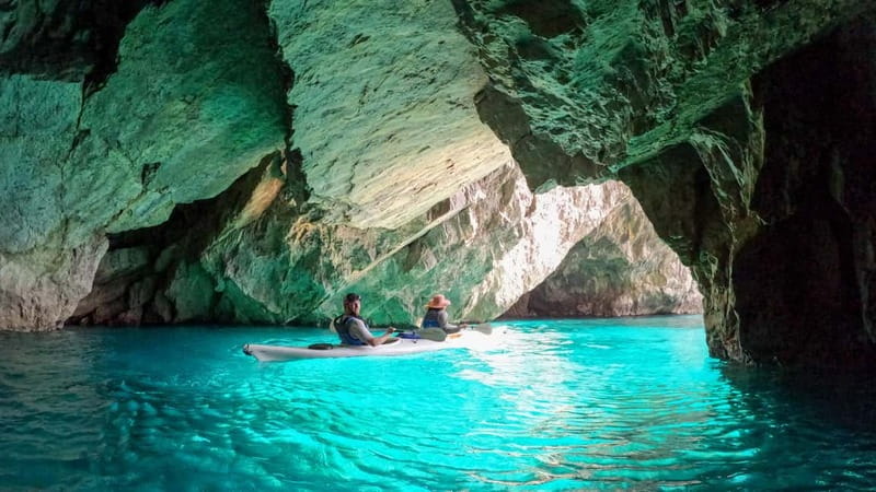 Capri: Caves and Beaches Kayaking Tour with GoPro Photos - Green Cave colors and the swimming stop