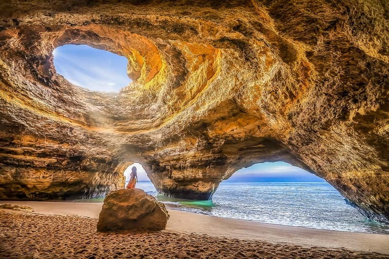 Daylight through the roof opening of the Benagil sea cave, Algarve