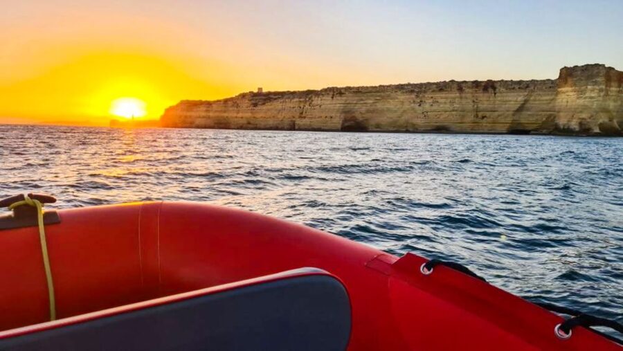 Portimão: Sunset Cruise to Benagil Cave - From San Francisco dock toward the Algarve cliffs