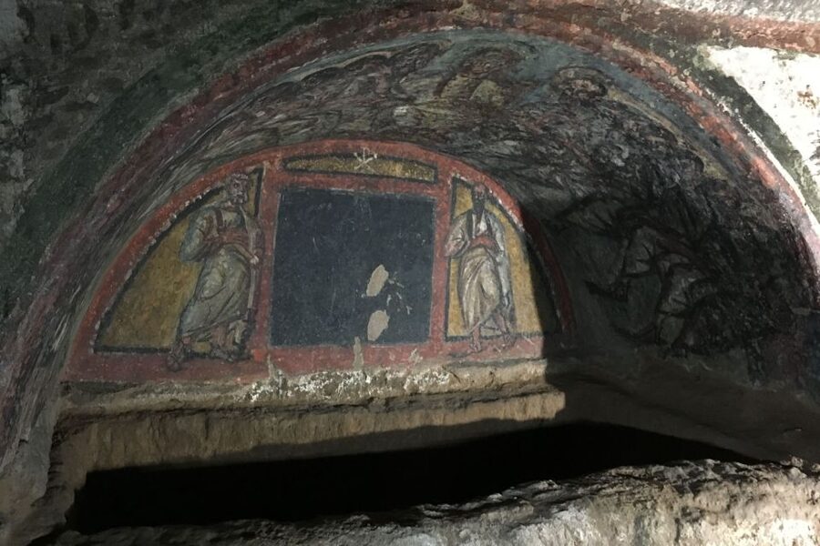 Rome: Catacombs and Capuchin Crypt Guided Tour with Transfer - Appian Way and Aurelian Walls from the van